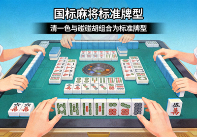 国标麻将在线游戏画面，显示清一色与碰碰胡组合是标准牌型